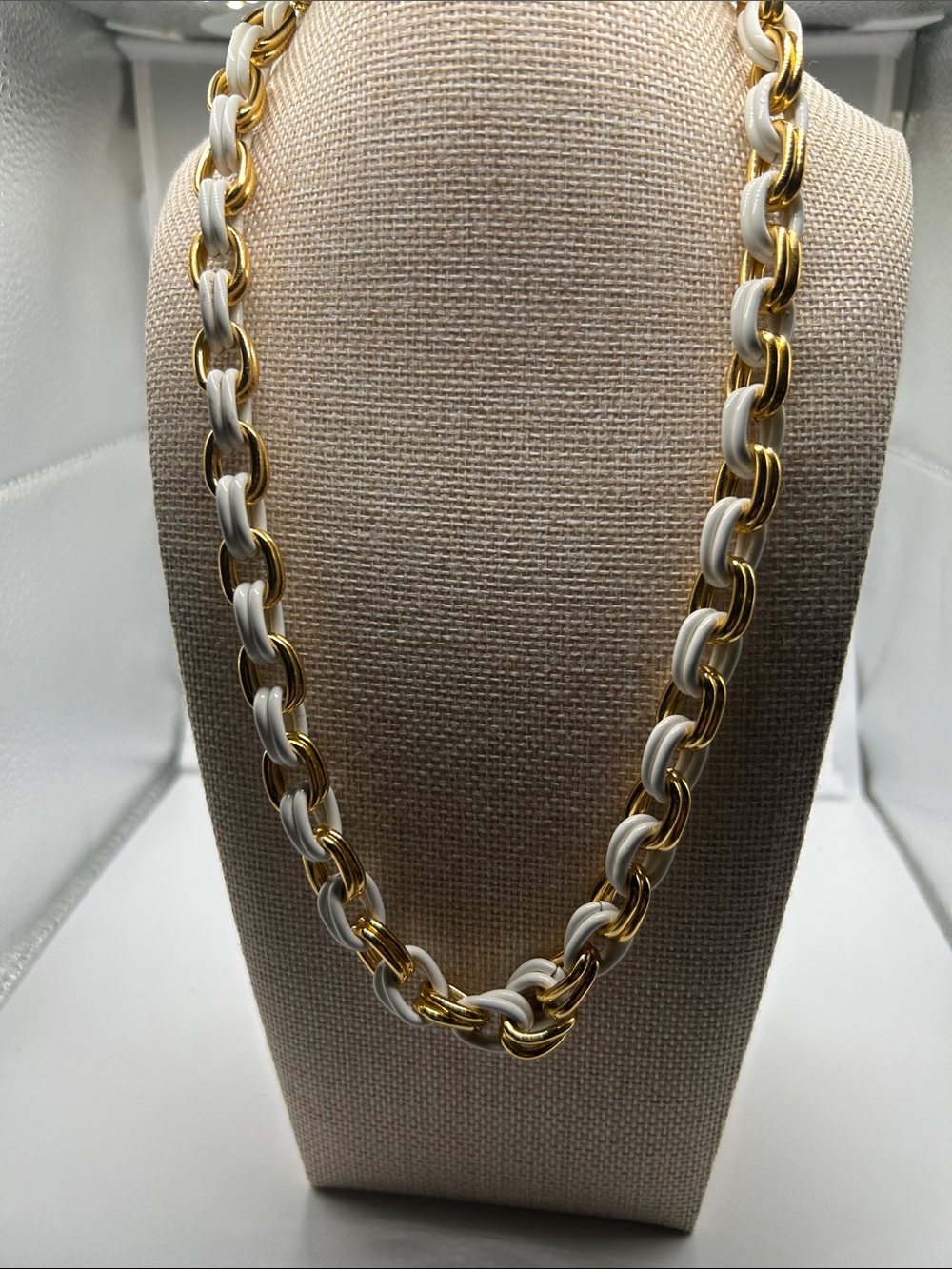 Vintage gold tone necklace white enamel links light weight nautical resort wear